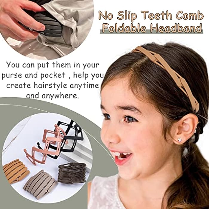 Messen 6 Pieces Plastic Headbands No Slip Teeth Comb Foldable Headband Assorted Colors Compact Portable Adjustable Hair Hoop for Women Girl Washing Makeup Travel Outdoor - Image 2